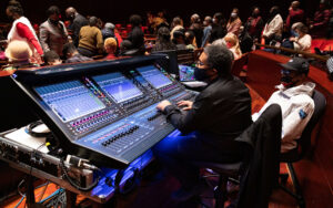 Kimmel Center Senior Audio Engineer Kenny Nash (left) and Assistant Audio Engineer Walter Brown (right) seated at Verizon Hall's new DiGiCo Quantum338 console